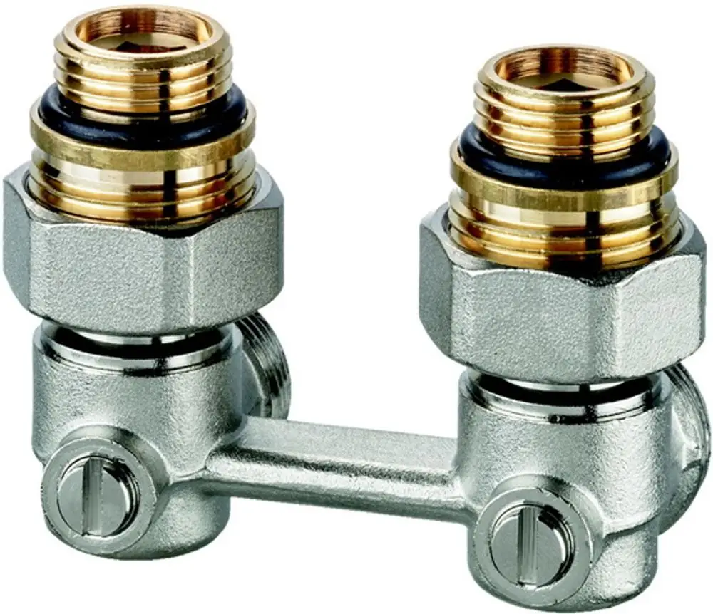Verschraubung in Eckform aus Metall mit zwei Anschlussstücken. Hersteller: IMI Hydronic Engineering. Geeignet für Heizungsanlagen.